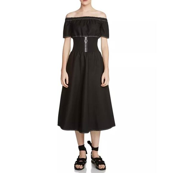 NWOT Maje Relera Black Off-Shoulder Zip Midi‎ Dress Size Small (1) Smocked Waist - Picture 7 of 15